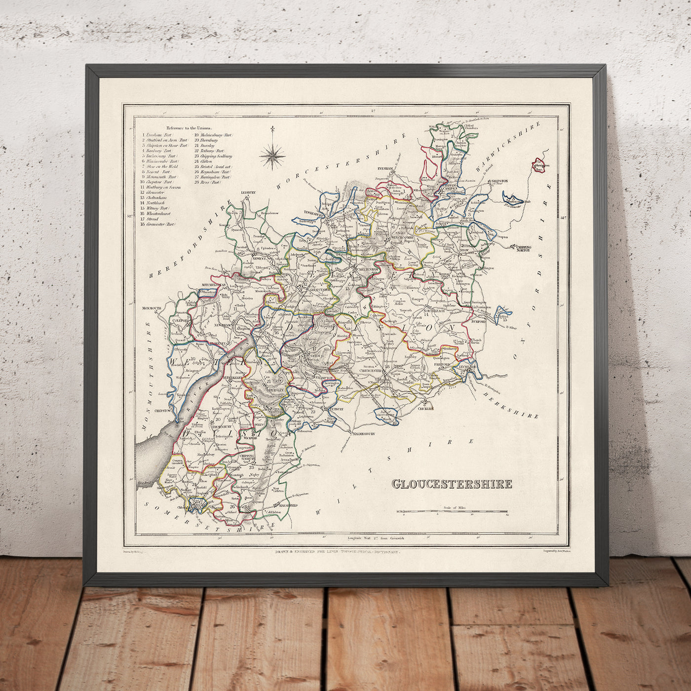 Alte Karte von Gloucestershire von Samuel Lewis, 1844: Bristol, Cheltenham, Cirencester, Stroud, Tewkesbury 
