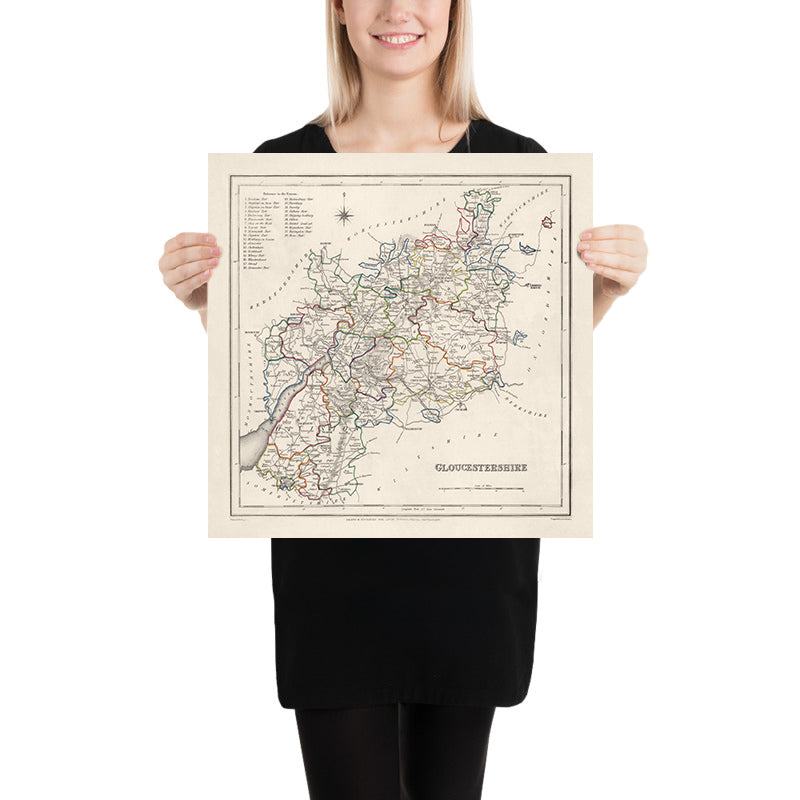 Alte Karte von Gloucestershire von Samuel Lewis, 1844: Bristol, Cheltenham, Cirencester, Stroud, Tewkesbury 