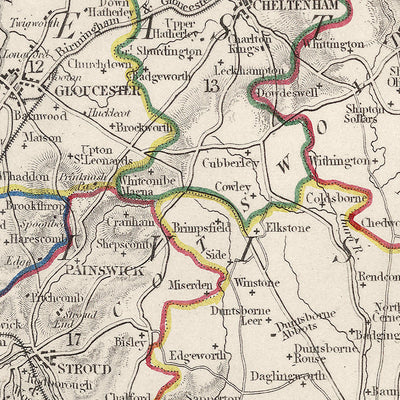Alte Karte von Gloucestershire von Samuel Lewis, 1844: Bristol, Cheltenham, Cirencester, Stroud, Tewkesbury 
