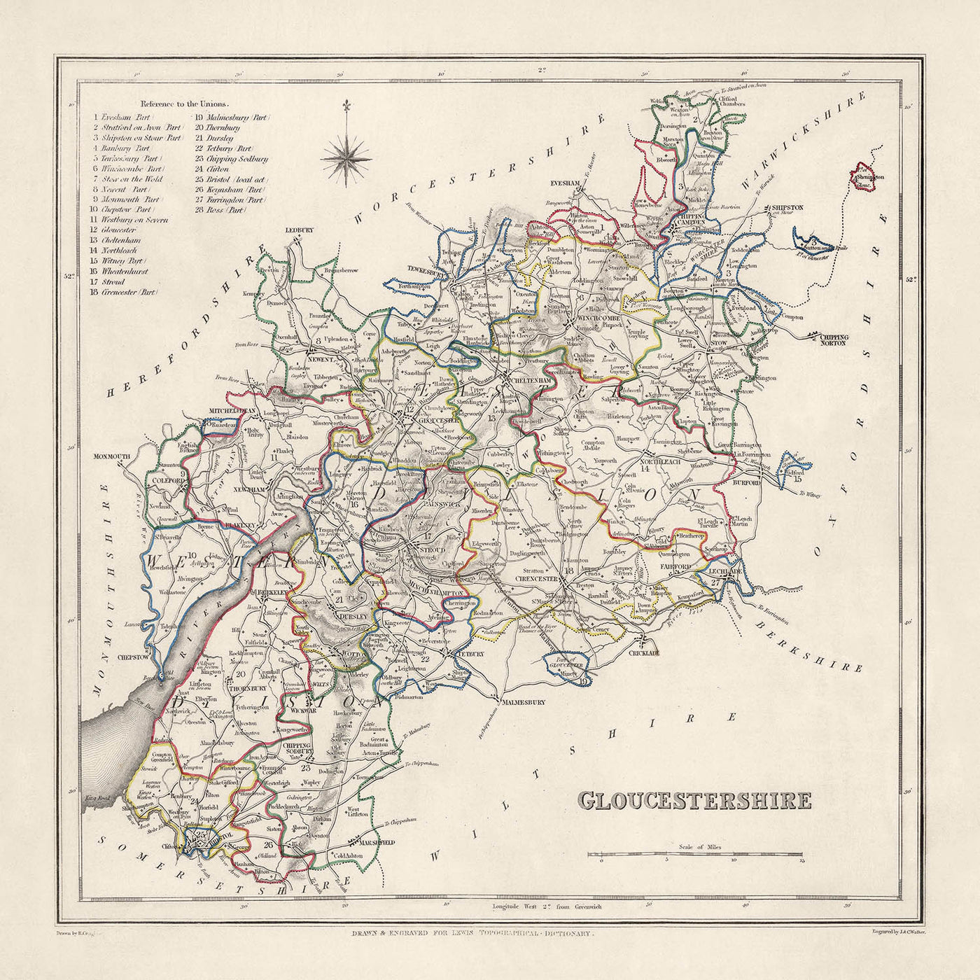 Alte Karte von Gloucestershire von Samuel Lewis, 1844: Bristol, Cheltenham, Cirencester, Stroud, Tewkesbury 