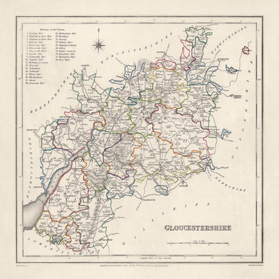 Alte Karte von Gloucestershire von Samuel Lewis, 1844: Bristol, Cheltenham, Cirencester, Stroud, Tewkesbury 