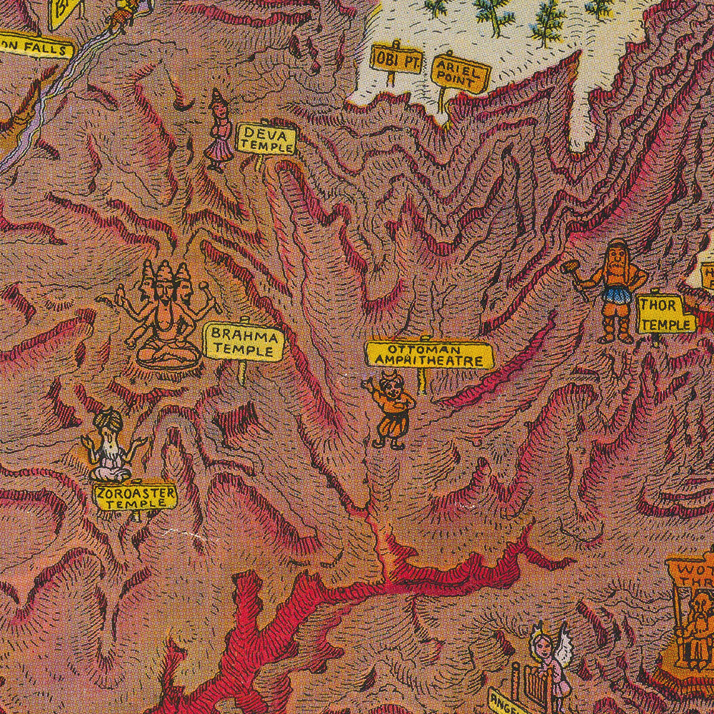 Alter bildlicher Plan des Grand Canyon von Mora, 1931: Bright Angel Trail, Phantom Ranch, Hopi House, El Tovar, Vishnu-Tempel 