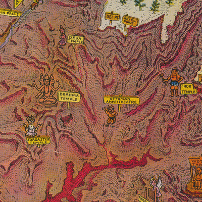 Alter bildlicher Plan des Grand Canyon von Mora, 1931: Bright Angel Trail, Phantom Ranch, Hopi House, El Tovar, Vishnu-Tempel 
