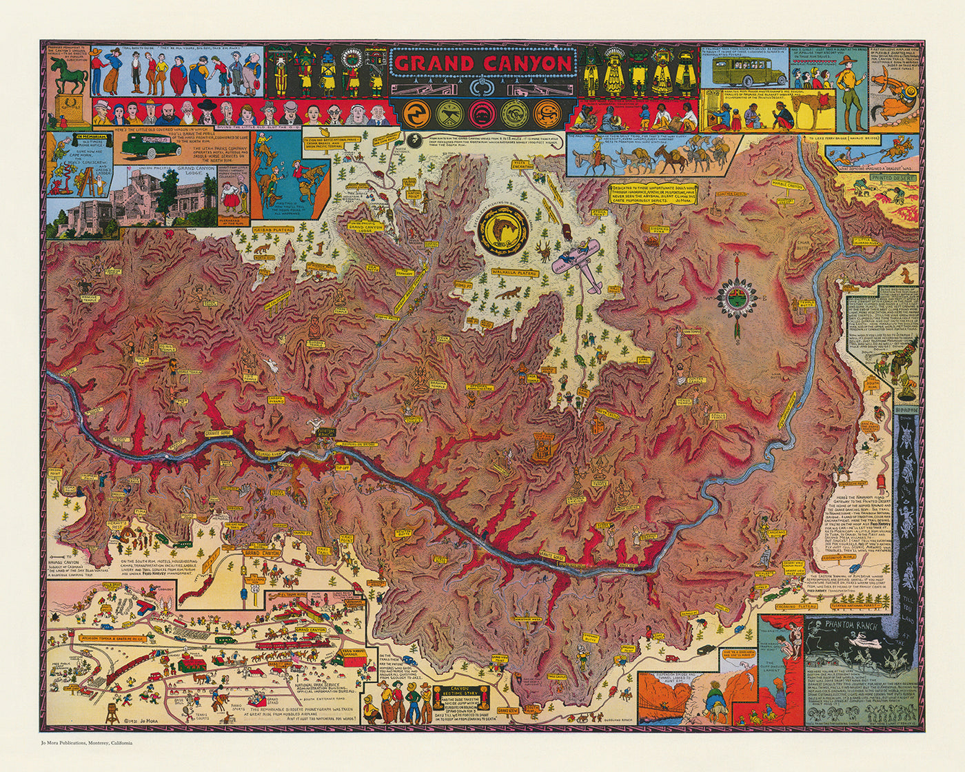 Alter bildlicher Plan des Grand Canyon von Mora, 1931: Bright Angel Trail, Phantom Ranch, Hopi House, El Tovar, Vishnu-Tempel 