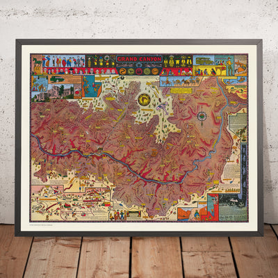 Alter bildlicher Plan des Grand Canyon von Mora, 1931: Bright Angel Trail, Phantom Ranch, Hopi House, El Tovar, Vishnu-Tempel 