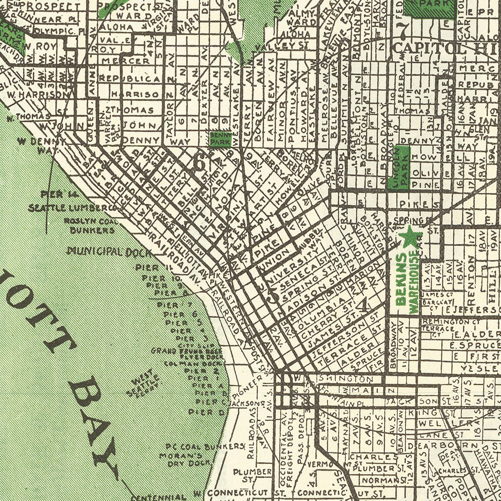 Mapa antiguo de Seattle, 1913: Mercado de Pike Place, Universidad de Washington, Lago Verde, Lago Washington, Torre Smith