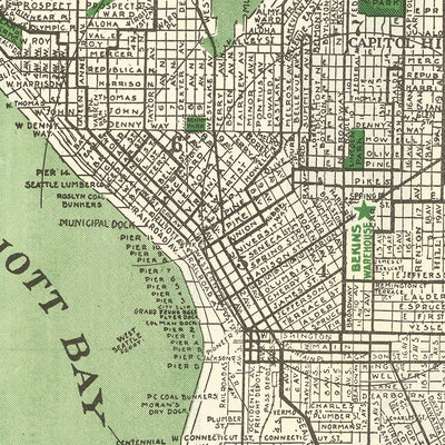 Mapa antiguo de Seattle, 1913: Mercado de Pike Place, Universidad de Washington, Lago Verde, Lago Washington, Torre Smith