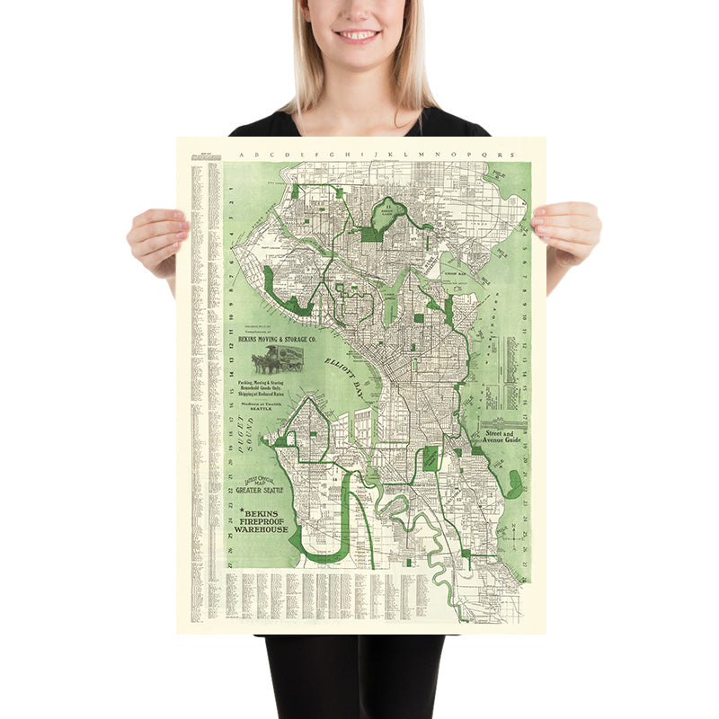 Mapa antiguo de Seattle, 1913: Mercado de Pike Place, Universidad de Washington, Lago Verde, Lago Washington, Torre Smith