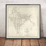 Mapa antiguo de India, 1875: Gran Encuesta Trigonométrica, Bahía de Bengala, Mumbai, Delhi, Kolkata 