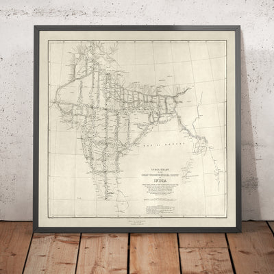 Ancienne carte de l'Inde, 1875 : Grand levé trigonométrique, baie du Bengale, Mumbai, Delhi, Kolkata 