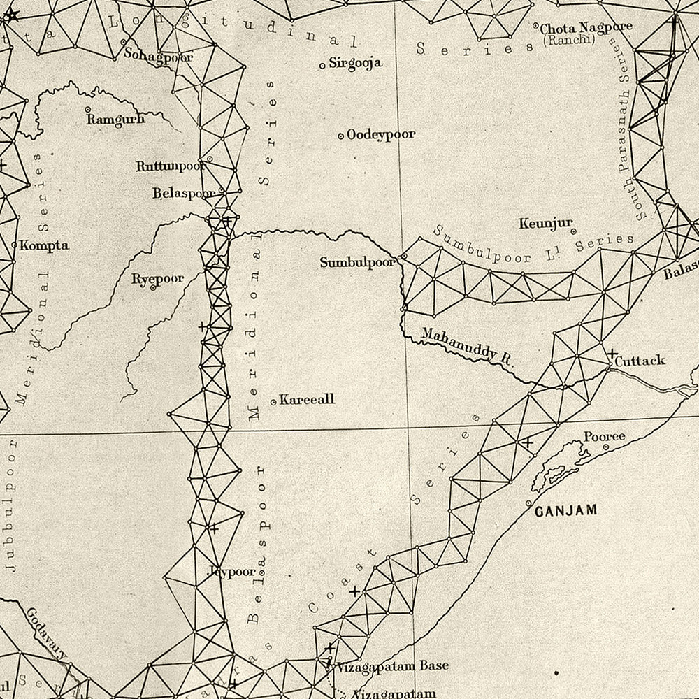 Ancienne carte de l'Inde, 1875 : Grand levé trigonométrique, baie du Bengale, Mumbai, Delhi, Kolkata 