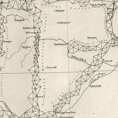 Ancienne carte de l'Inde, 1875 : Grand levé trigonométrique, baie du Bengale, Mumbai, Delhi, Kolkata 