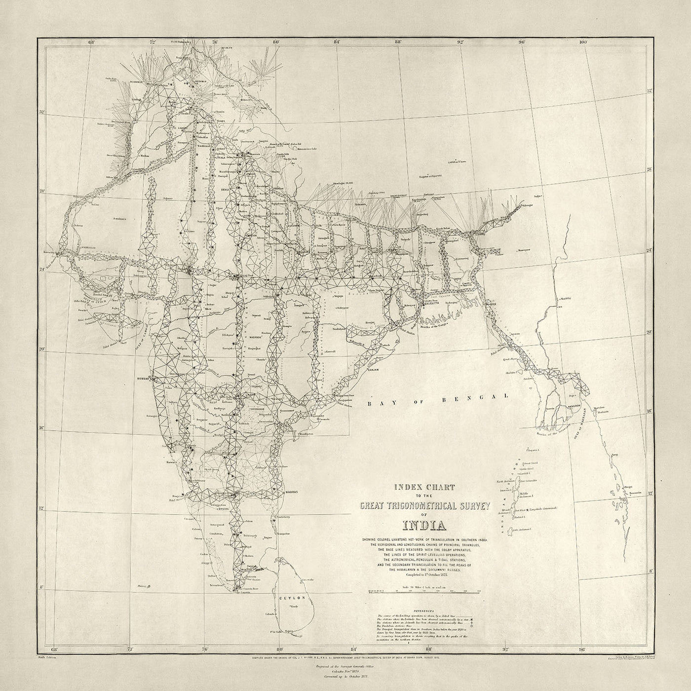 Ancienne carte de l'Inde, 1875 : Grand levé trigonométrique, baie du Bengale, Mumbai, Delhi, Kolkata 