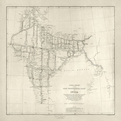 Ancienne carte de l'Inde, 1875 : Grand levé trigonométrique, baie du Bengale, Mumbai, Delhi, Kolkata 