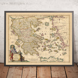 Old Map of Greece, Turkey & Aegean by Visscher, 1690: Athens, Crete, Saronic Islands, Cyclades, Dodecanese