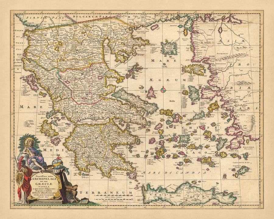 Mappa antica di Grecia, Turchia e Aegeo di Visscher, 1690: Atene, Creta, Isole Saroniche, Cicladi, Dodecaneso 