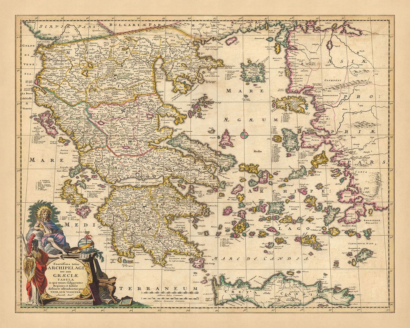 Alte Karte von Griechenland, der Türkei und der Ägäis von Visscher, 1690: Athen, Kreta, Saronische Inseln, Kykladen, Dodekanes 
