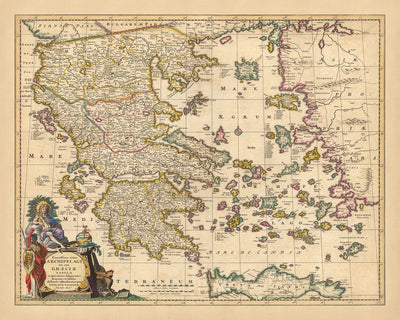Alte Karte von Griechenland, der Türkei und der Ägäis von Visscher, 1690: Athen, Kreta, Saronische Inseln, Kykladen, Dodekanes 