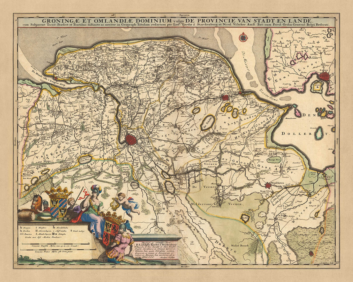 Alte Karte von Groningen und Omland von Visscher, 1690: Emden, Winschoten, Veendam, Delfzijl, Bourtange Festungsmuseum 