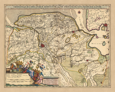 Alte Karte von Groningen und Omland von Visscher, 1690: Emden, Winschoten, Veendam, Delfzijl, Bourtange Festungsmuseum 