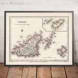 Mappa antica di Guernsey di Samuel Lewis, 1844: St. Peter Port, St. Sampson, Vale, Castel, Sark 