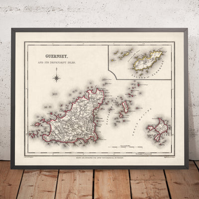 Alte Karte von Guernsey von Samuel Lewis, 1844: St. Peter Port, St. Sampson, Vale, Castel, Sark 