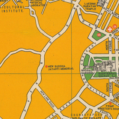 Old Map of Delhi, 1961: Red Fort, Qutab Minar, India Gate, Parliament House, Connaught Place
