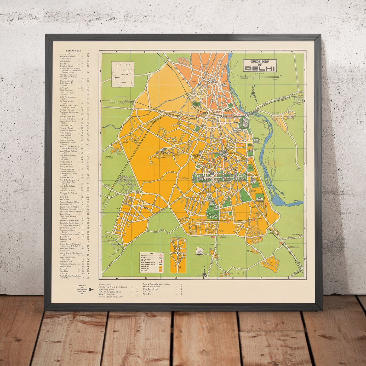 Old Map of Delhi, 1961: Red Fort, Qutab Minar, India Gate, Parliament House, Connaught Place