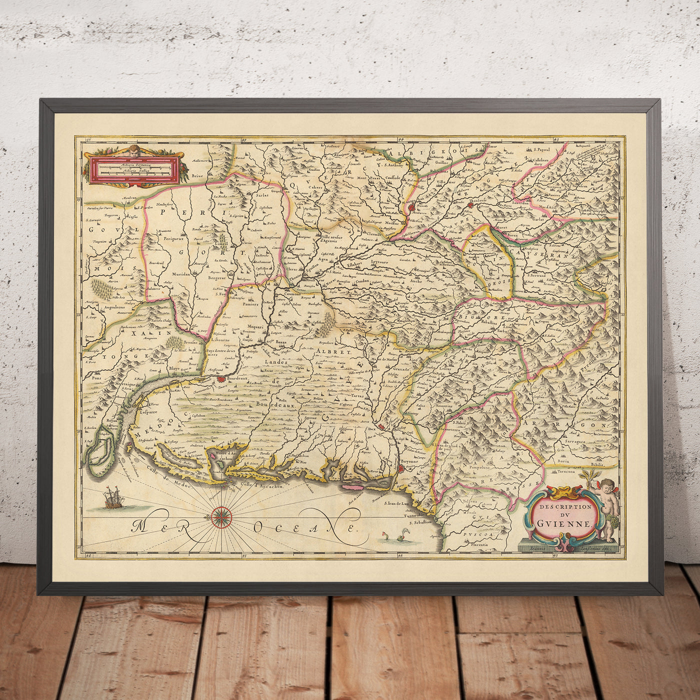 Mapa antiguo de Guyenne, Francia por Visscher, 1690: Toulouse, Burdeos, Donostia-San-Sebastián, Pau, Pirineos
