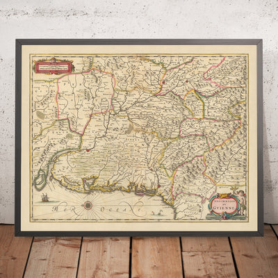 Mapa antiguo de Guyenne, Francia por Visscher, 1690: Toulouse, Burdeos, Donostia-San-Sebastián, Pau, Pirineos