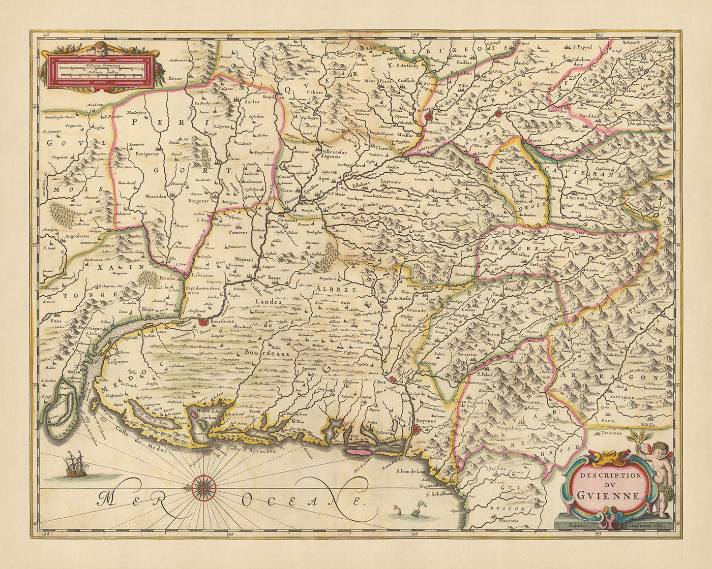 Mapa antiguo de Guyenne, Francia por Visscher, 1690: Toulouse, Burdeos, Donostia-San-Sebastián, Pau, Pirineos
