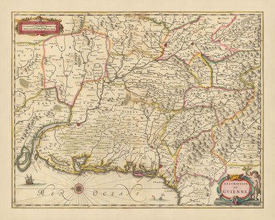 Mapa antiguo de Guyenne, Francia por Visscher, 1690: Toulouse, Burdeos, Donostia-San-Sebastián, Pau, Pirineos
