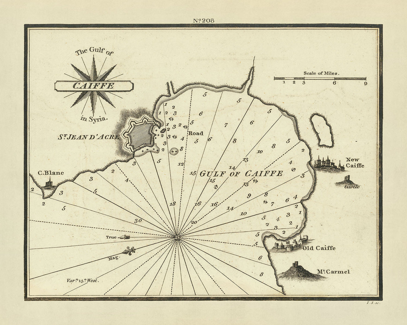 Old Gulf of Haifa, Israel Nautical Chart by Heather, 1802: Caiffe, Syria, Mount Carmel, St. Jean d'Acre