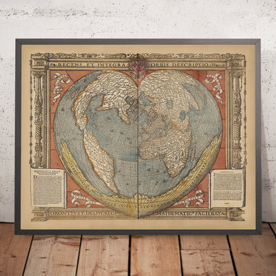 Antigua Mapa Mundial en Forma de Corazón por Fine, 1534: Proyección Cordiforme, Terra Australis, Anotaciones en Latín 