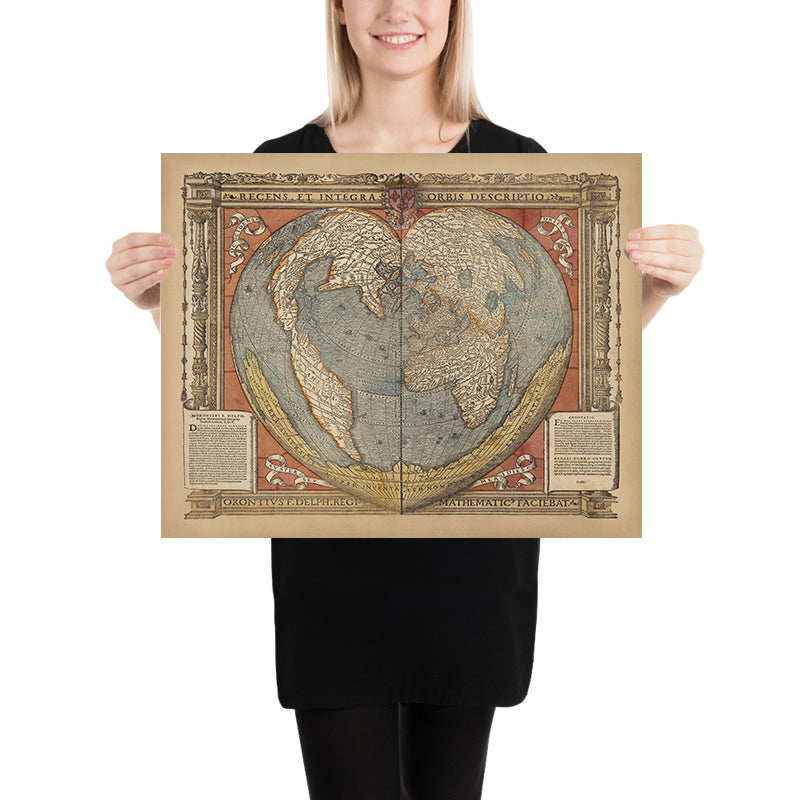 Antigua Mapa Mundial en Forma de Corazón por Fine, 1534: Proyección Cordiforme, Terra Australis, Anotaciones en Latín 