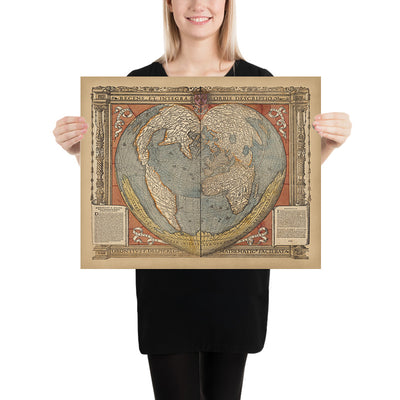 Antigua Mapa Mundial en Forma de Corazón por Fine, 1534: Proyección Cordiforme, Terra Australis, Anotaciones en Latín 