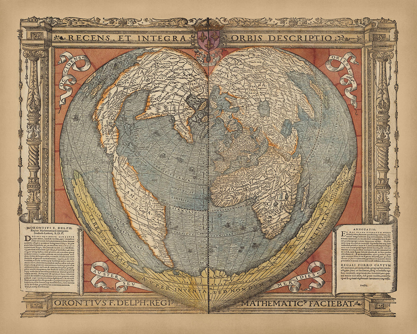 Antigua Mapa Mundial en Forma de Corazón por Fine, 1534: Proyección Cordiforme, Terra Australis, Anotaciones en Latín 