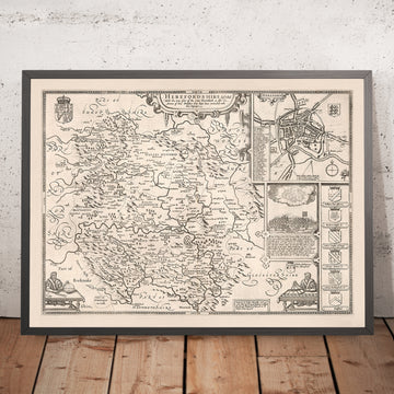 Old Map of Herefordshire by Speed, 1611: Hereford, Leominster, River Wye, Battle, Coats of Arms