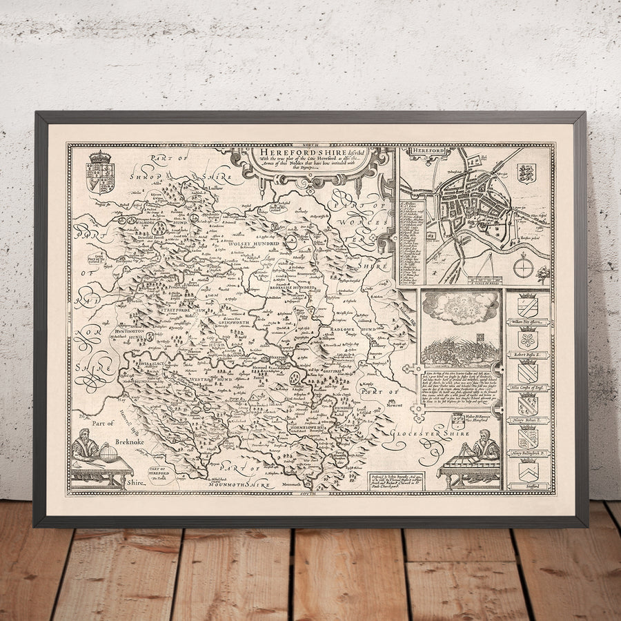 Ancienne carte du Herefordshire par vitesse, 1611 : Hereford, Leominster, River Wye, bataille, armoiries