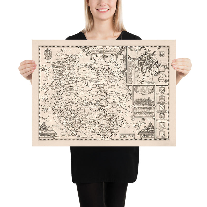 Ancienne carte du Herefordshire par vitesse, 1611 : Hereford, Leominster, River Wye, bataille, armoiries