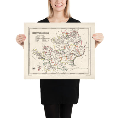 Mapa antiguo de Hertfordshire por Samuel Lewis, 1844: St Albans, Watford, Hemel Hempstead, Stevenage, Hitchin