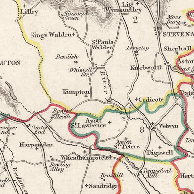 Mapa antiguo de Hertfordshire por Samuel Lewis, 1844: St Albans, Watford, Hemel Hempstead, Stevenage, Hitchin