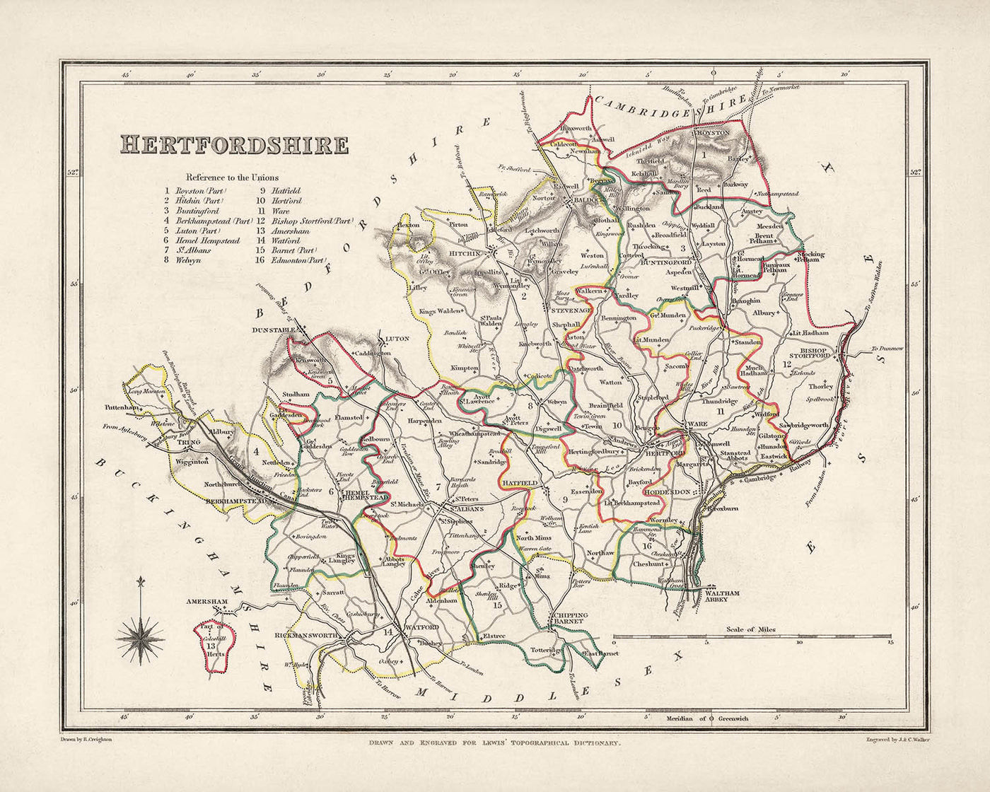 Mapa antiguo de Hertfordshire por Samuel Lewis, 1844: St Albans, Watford, Hemel Hempstead, Stevenage, Hitchin