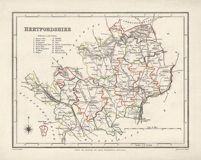 Mapa antiguo de Hertfordshire por Samuel Lewis, 1844: St Albans, Watford, Hemel Hempstead, Stevenage, Hitchin