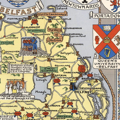 Antigua Mapa Pictórico de Irlanda por Bullock, 1955: Batallas Históricas, Nombres de Familias, Escudos de Armas 
