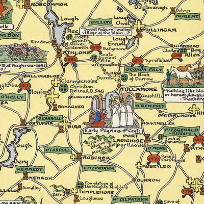 Antigua Mapa Pictórico de Irlanda por Bullock, 1955: Batallas Históricas, Nombres de Familias, Escudos de Armas 