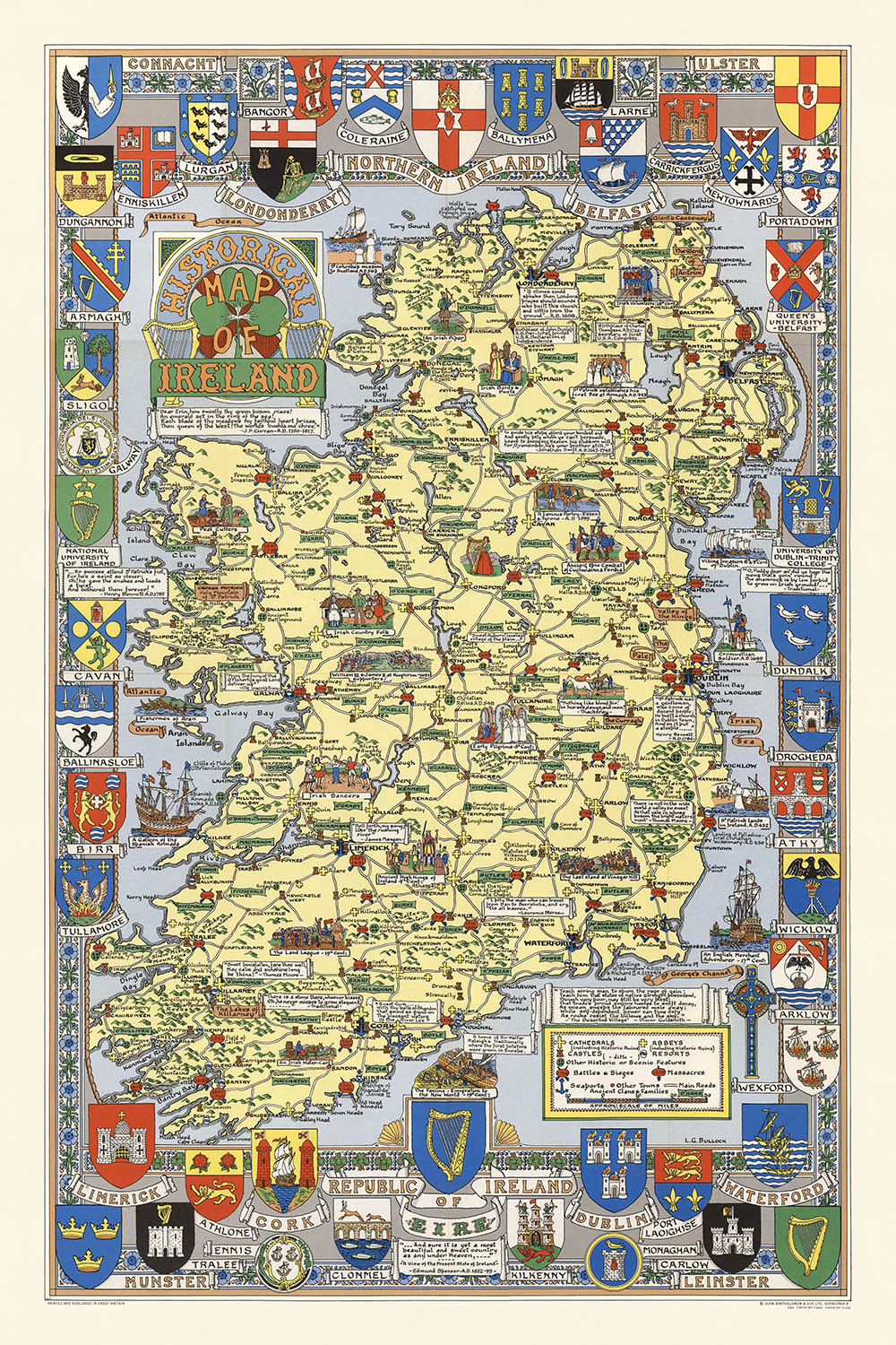 Antigua Mapa Pictórico de Irlanda por Bullock, 1955: Batallas Históricas, Nombres de Familias, Escudos de Armas 