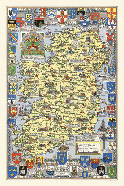 Antigua Mapa Pictórico de Irlanda por Bullock, 1955: Batallas Históricas, Nombres de Familias, Escudos de Armas 