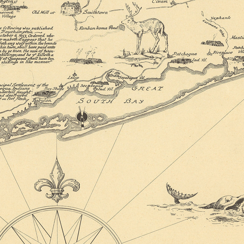 Alte historische Karte von Long Island von Clegg, 1925: New York City, Sound, frühe Siedlungen 