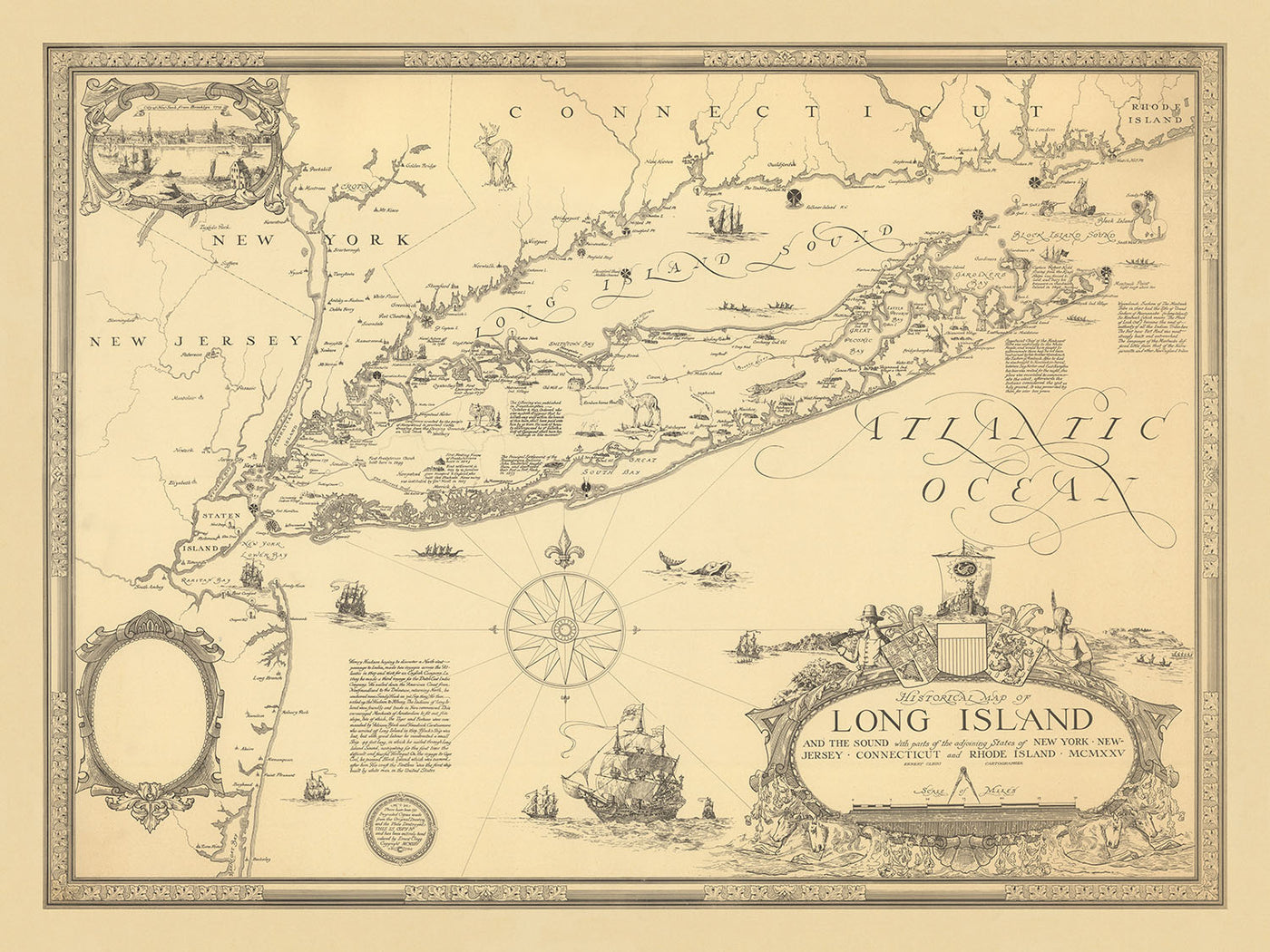 Alte historische Karte von Long Island von Clegg, 1925: New York City, Sound, frühe Siedlungen 